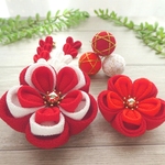 丸いお花飾りセット*紅白金　七五三髪飾り・卒業式髪飾り・浴衣髪飾り・着物・お正月・ひなまつりに　つまみ細工　玉かんざし