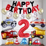 お誕生日はたらくくるまスペシャルバルーンセット レッド＆ブラック 男の子 赤 黒 数字風船 車 消防車 パトカー ダンプカー 救急車 バースデーパーティー 働く車 