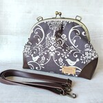 ボタニカルフラワー＆小鳥のがま口ショルダーバッグ【チャコール】