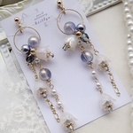 【ホワイト】すずらんとパールのロングイヤリング/ピアス◌˳　鈴蘭　スズラン　パールアクセサリー　フラワーモチーフ　ロングタイプ　青みグレー　お呼ばれにも