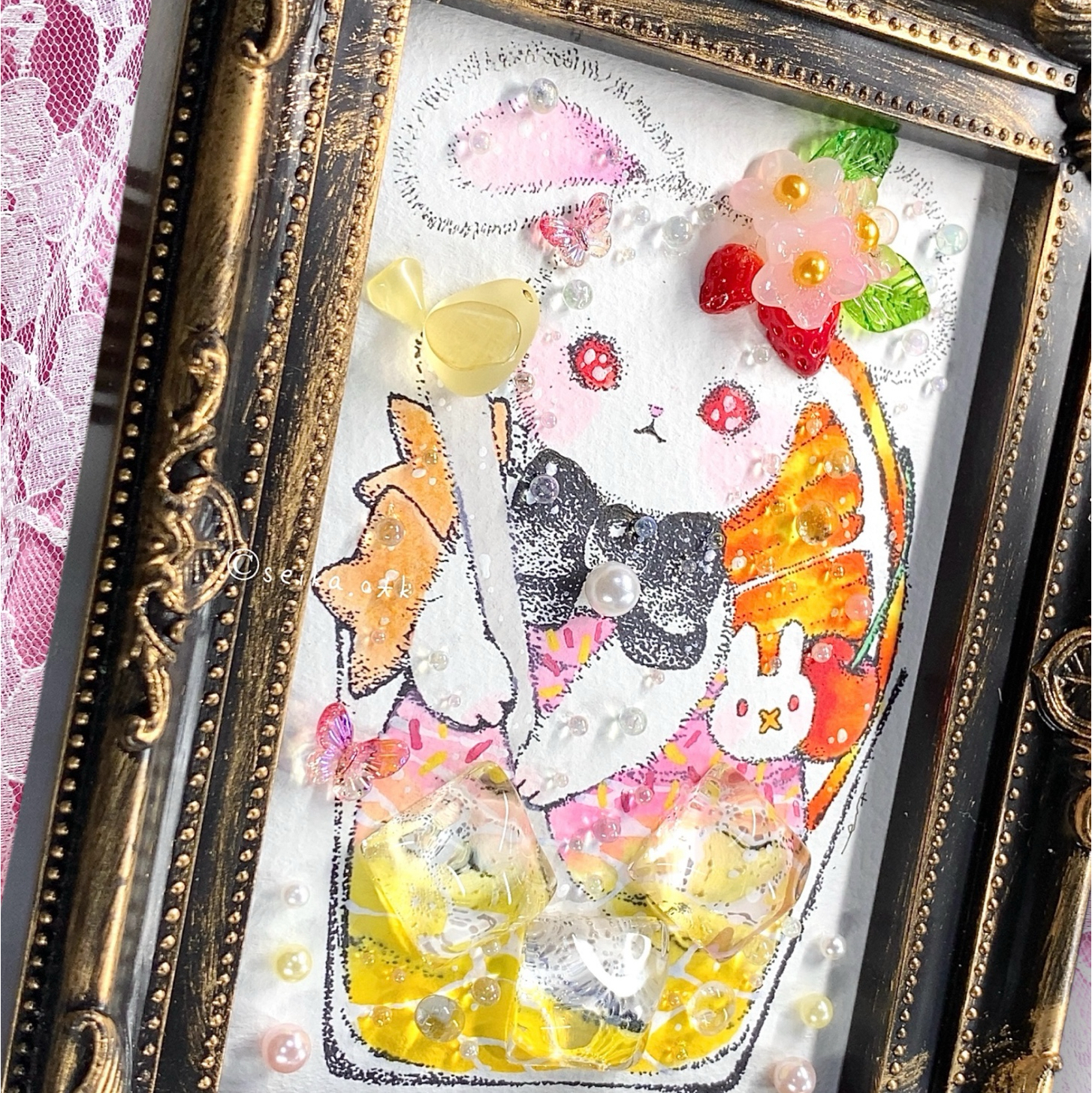 で記念購入 うさぎちゃんと苺摘み インテリア シーグラスアート