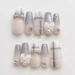 大人気 グレーカラー チェック ♡ ネイルチップ ブライダル  韓国ネイル チェック柄 ワンホン