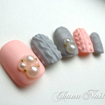 再販 ニットとパール♡マットネイル　グレー×ピンク【両面テープ付】