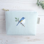 ルリビタキの刺繍リネンミニポーチ【ミント】