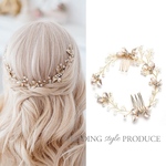 結婚式　ブライダルヘアアクセサリー　花嫁ヘアアクセサリー　ウェディングアクセサリー　リーフ　ボタニカル　ゴールド　小枝　長め　ヘッドドレス　髪飾り　小枝アクセサリー　浴衣小物　夏祭り　パーティー　