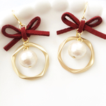 《再販3》ペンタゴン リング × スエード × コットンパール ピアス／イヤリング【red】