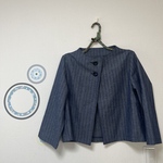 ボトルネックジャケット　コットンリネンデニム　綾織ストライプ　デニムブルー　
