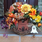 ◆romi638様専用◆/No.wreath-14369★ギフト/花/ハロウィン・リース★/アートフラワー・リース30x40cm/ハロウィン/ゴースト＆ダリア