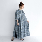 【minne開店SALE】インド綿 ブロックプリントのロングシャツワンピース〔シアンブルー〕