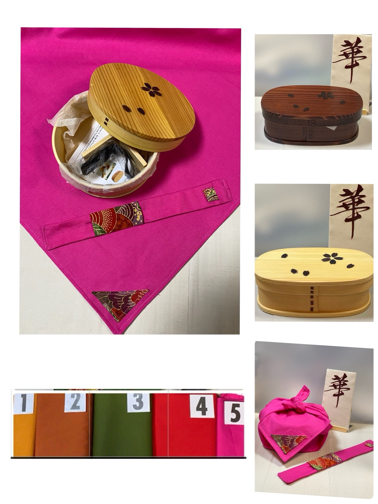 銘柄　二段入れ子　新品　ランチ4点セット　自立巾着四柄選べる　箸袋　ゴムバンド 四点ランチセット 和柄紺椿巾着 わっぱ二段弁当箱 （2色から