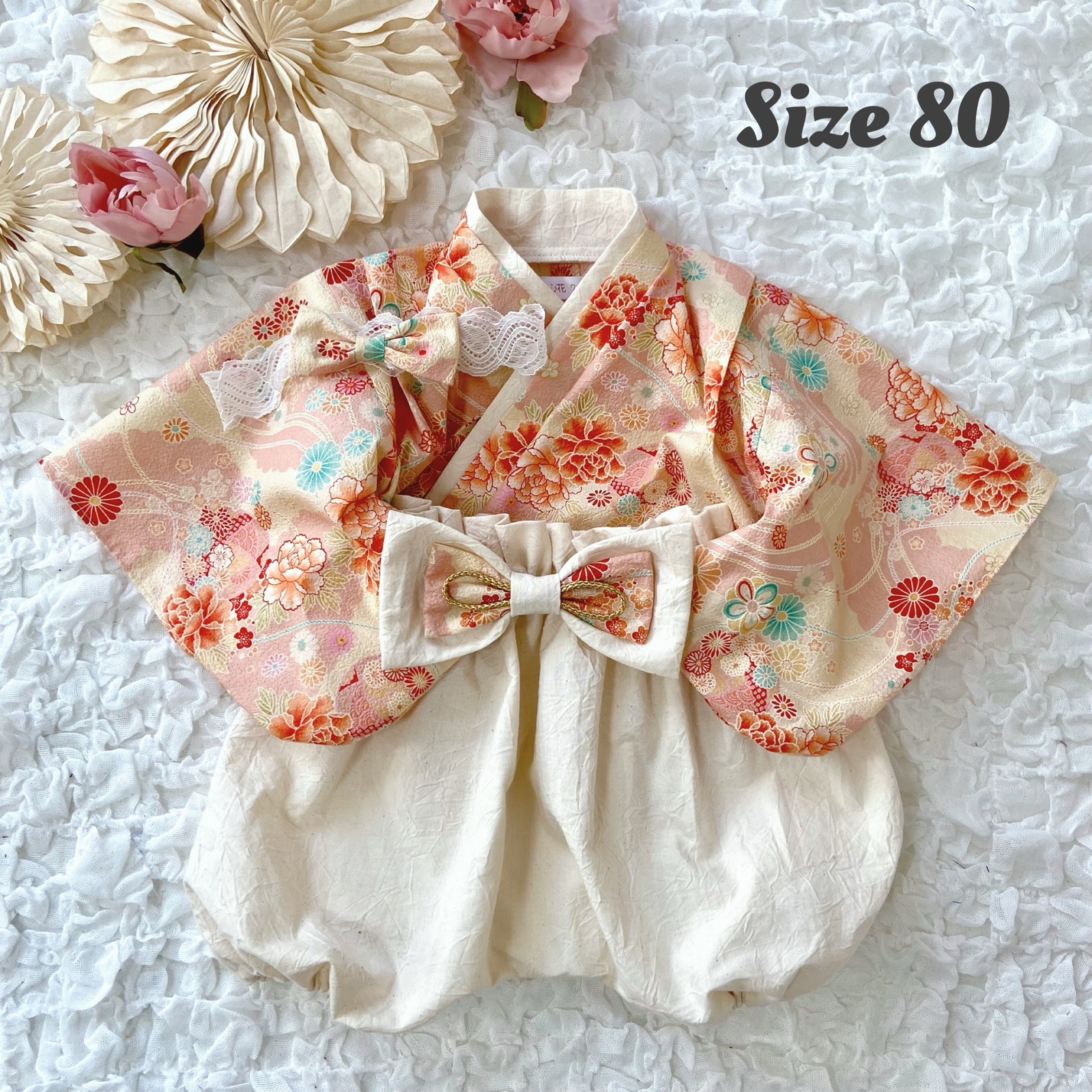 【再販♡】七五三　3歳　着物＆被布エプロンセット　朱色和柄×生成り　ハンドメイド 七五三 3歳 女の子 着物＆被布エプロンセット 朱色和柄×生成り