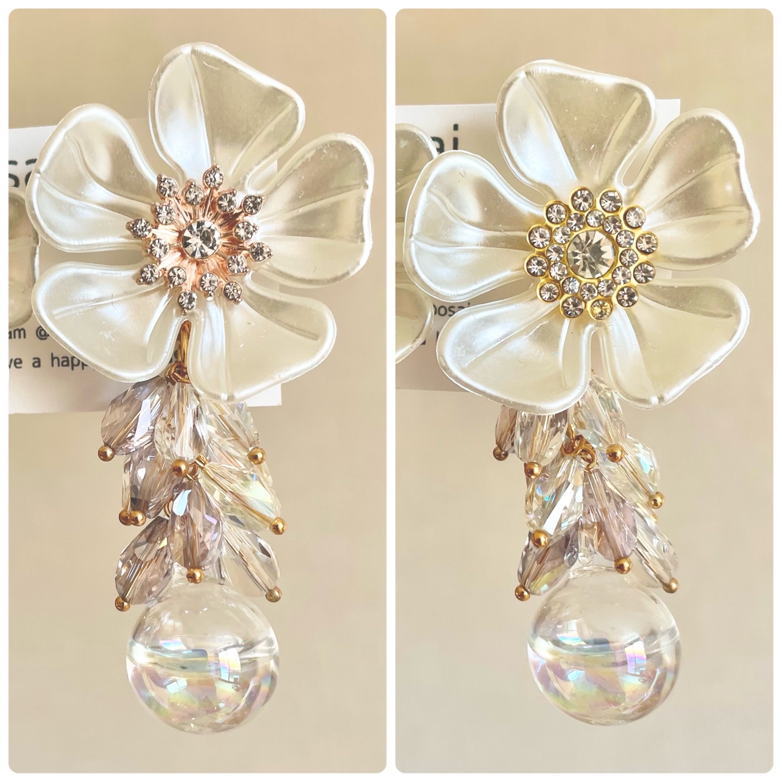 ホワイト フラワー ピアス イヤリング 花 白 金 ガラスドーム