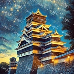 絵画風のお城の夜景のイラスト【縦長サイズ】タイプ2
