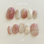 peach nail🍑  ネイルチップ  ピンク  淡色  ホワイト  オーロラ  ゴールド  ぷっくり  キラキラ  うるちゅる  うるうる  ニュアンス