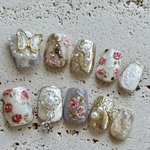 Ｎｏ．00♠アンティークネイル 薔薇 春 ニュアンス レトロ 個性的 蝶々