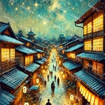 絵画風の和の街並みの夜景のイラスト【縦長サイズ】タイプ2