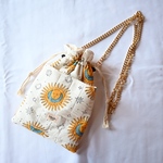 フリル巾着④ スマホポシェット　マルシェバッグ　2way インド刺繍リボン　スマホショルダー　ショルダー巾着