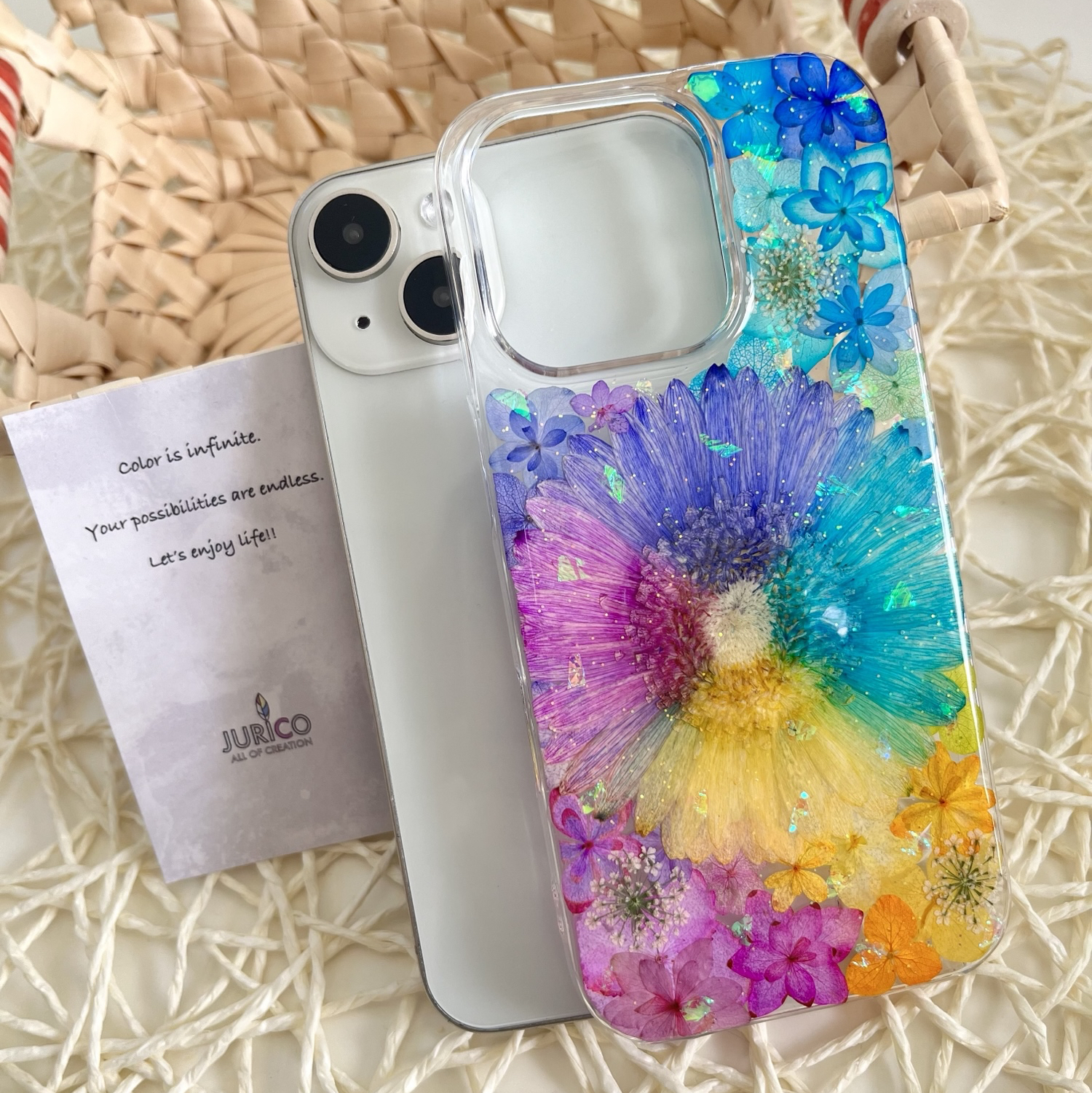 レインボーガーベラのフルオーダーメイド押し花スマホケース 全機種 