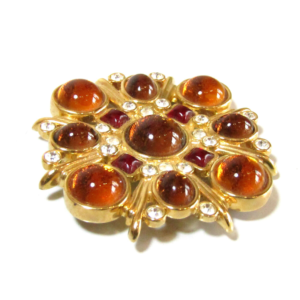 80s Vintage gold brown cabochon rhinestone brooch