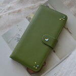 手帳型スマホケース『オーロラの月と星屑のスマホ手帳』シックなカーキ色　本革使用 iphoneからandroidまで全機種対応◎