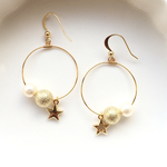 星付き★ゴールド×コットンパールのフープピアス・イヤリング
