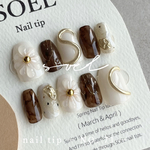 【47】ネイルチップ ハンドメイド ブラウンネイル バレリーナ ぷっくりフラワー