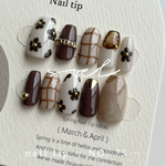 【75】ネイルチップ ハンドメイド ブラウンネイル チェックネイル フラワーネイル バレリーナ