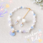 再販 ＊little princess＊shell - blue × purple キッズイヤリング + キッズ ネックレス セット ＊ キッズアクセサリー 人魚姫 女の子 プレゼント マーメイド 海