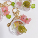 桜餅×琥珀糖　ハンドメイド　レジン　シャカシャカキーホルダー　シェイカー　丸型　抹茶たい焼き　ねこちゃん