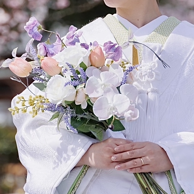 ウエディング　ブーケ　造花　アーティフィシャルフラワー　前撮り　ブートニア ブートニア付き 春色 ウェディングブーケ 造花 前撮り 和装