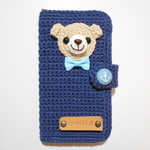※iPhone 16対応【ネーム入り】くまの手帳型スマホケース(iPhone・Android)＊ネイビー＊