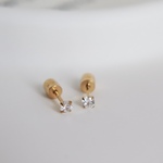 ≡P015≡金属アレルギー対応｜ピアス 3mm キャッチロック ねじ式 一粒 ゴールド キュービックジルコニア 小粒 サージカルステンレス 金属アレルギー対応 シンプル 上品 
