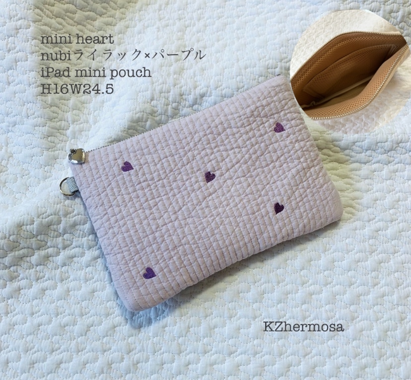 mini heart　iPad mini  pouch H16W24.5 アイパッドミニポーチ　タブレットポーチ　ハート刺繍　ヌビポーチ