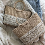 Mサイズ＊インド刺繍リボンのリングハンドル麻紐バッグ/ベージュリボン/かごバッグ