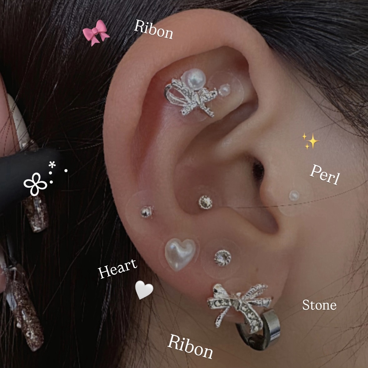 大人気】耳つぼジュエリー 20粒 チタン ニュアンス 天然石 シルバー