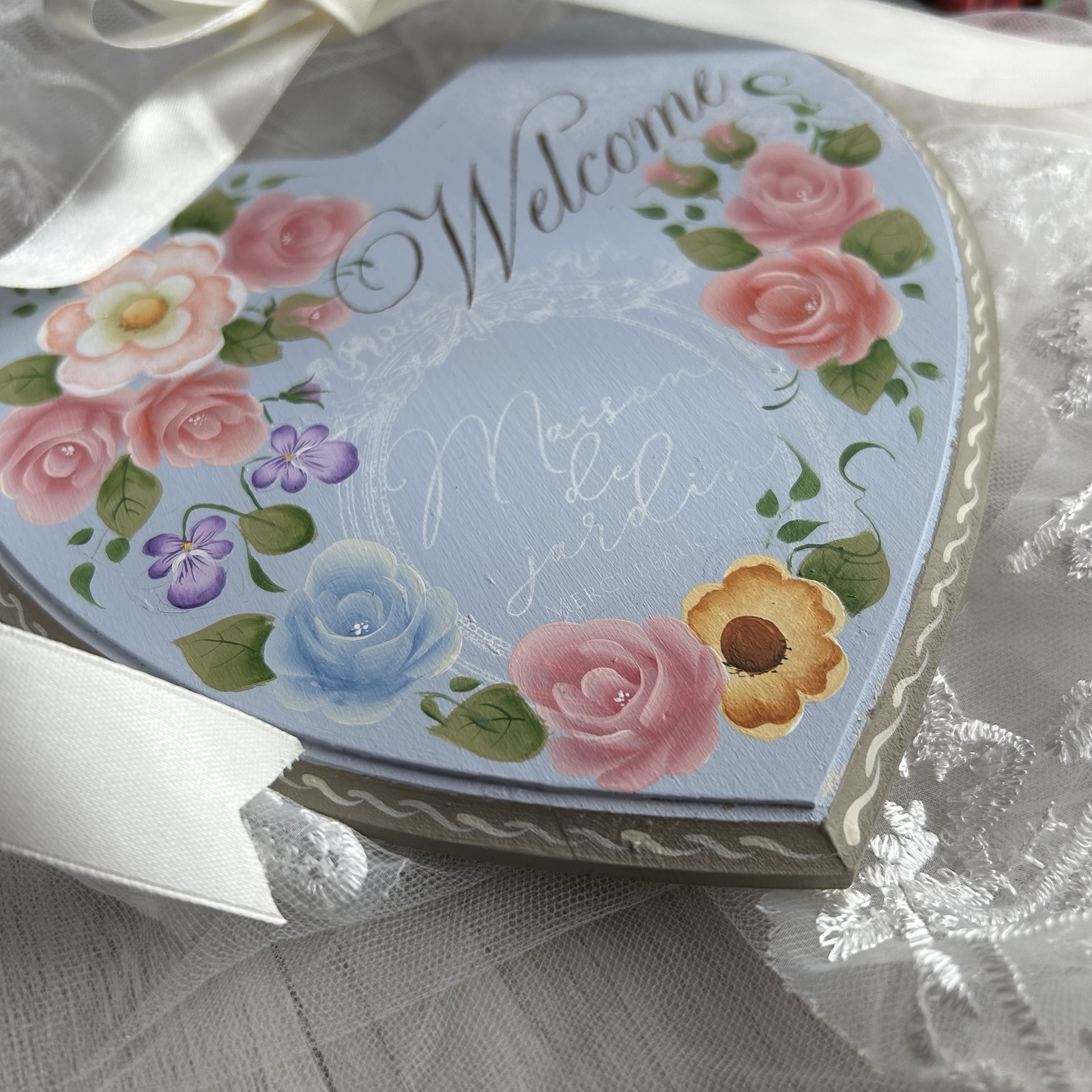 トールペイント作品 ハートのウェルカムボード薔薇 - yukari-ramu