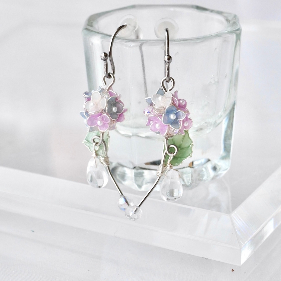 コロンと紫陽花　ライラック　イヤリング/ピアス　ディップアート　ディップフラワー