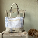 専用*whiteworkアンティークリネン*ダブルモノグラム刺繍*青ラインリネン*トートバッグ