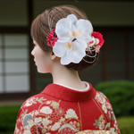 胡蝶蘭とマムの髪飾り 結婚式 成人式 卒業式に　髪かざり 造花 和装 和風 かすみ草 白 赤 花嫁