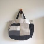 モノトーン　リネンランダムパッチ　ぷっくり横長トートBAG　　黒　