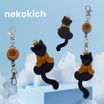 【黒猫リール付きキーホルダー】本革 レザー 牛革 キーホルダー ラッピング無料