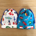 【sale】巾着２個セット　25×20センチ　国旗🎌ターコイズブルー&きなり(裏地なし)　給食袋など　