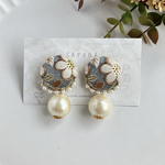 デニム調フラワーインド刺繍×コットンパールピアス／イヤリング