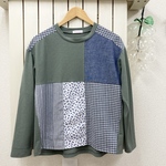 シンプルなパッチワーク長袖Tシャツ＊スモークグリーン＊