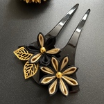 つまみ細工　バチ型かんざし　ブラックゴールド