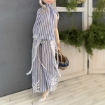 セット　刺繍入りストライプブラウス+パンツ+レースラップスカート　ブルー　22cmドール　ドール服　ピュアニーモ