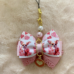 大人可愛いリボン☆チワワ☆ハート☆ピンク☆犬☆キーホルダー☆ストラップ☆ハートチャーム付☆お散歩カバン