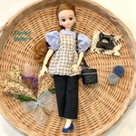 【送料無料】＊22㎝ドール服＊ボリュームスリーブトップス＆チェック柄バブルキャミ＆タックパンツ３点セット