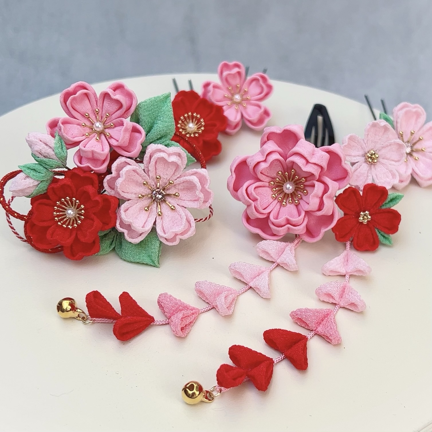 つまみ細工 桜の髪飾りset ピンク×ラベンダー 藤色 *七五三*成人