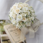 〔再販〕清楚で可愛いミニラウンドブーケ　アーティフィシャルフラワーのミニブーケ　ホワイトローズブーケ　ブーケトス　二次会用ブーケ　プレゼント　ウェディングフォト　発表会　誕生日　テーブルフラワー